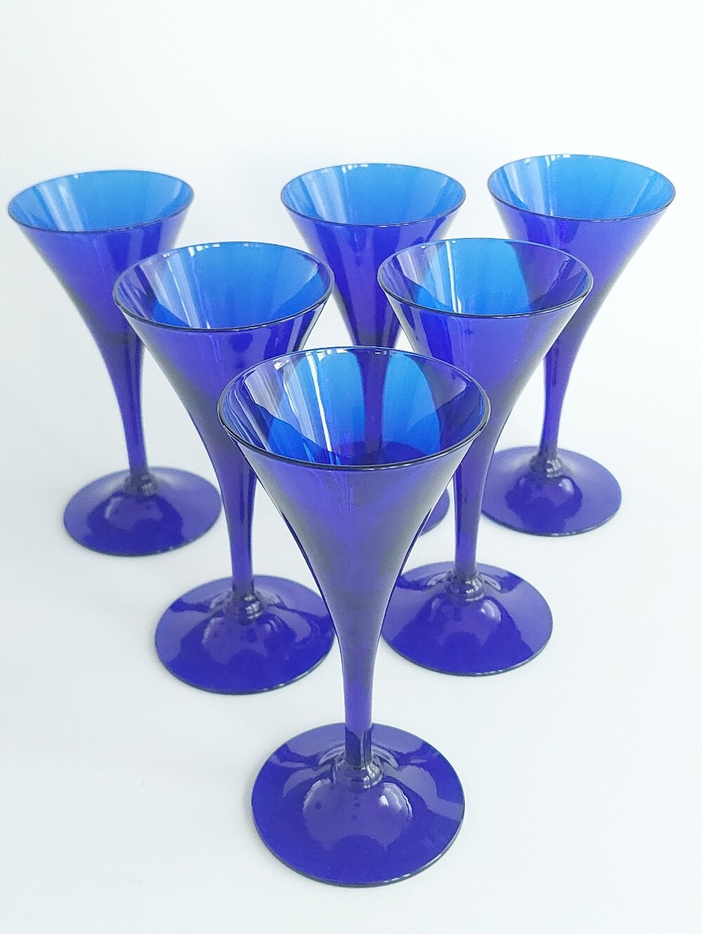 Vintage Cobalt Blue Trumpet Cordial Glasses - Set of 6 MCM Liqueur Flutes